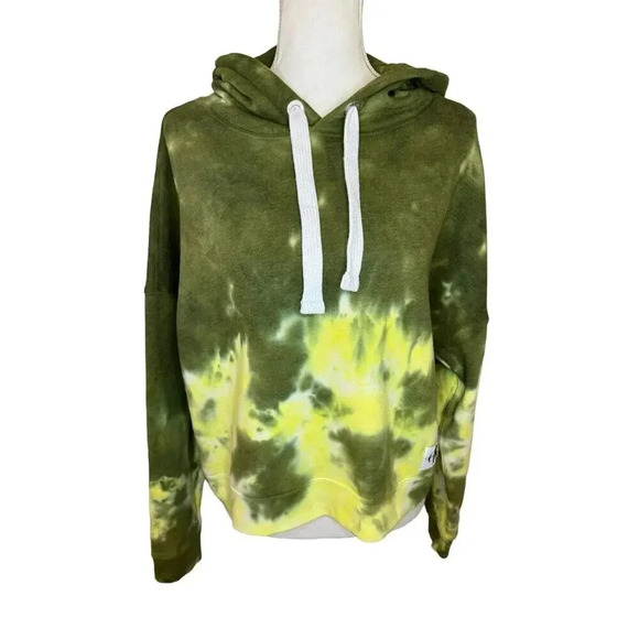 NEW Calvin Klein Jeans Medium Green & Yellow Tie Dyed Cropped Hooded Sweatshirt - Picture 1 of 7